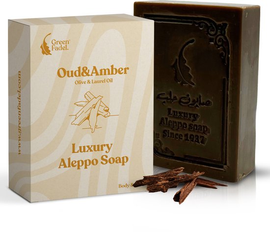 GREEN FADEL (Luxury) Aleppo Zeep Origineel met Oudh & Amber Aroma, 1 Stuk, Aleppo Zeep Olijfolie & Laurierolie, Olijfoliezeep, Natuurlijke Zeep, Luxury Aleppo Soap, voor Gezicht & Lichaam