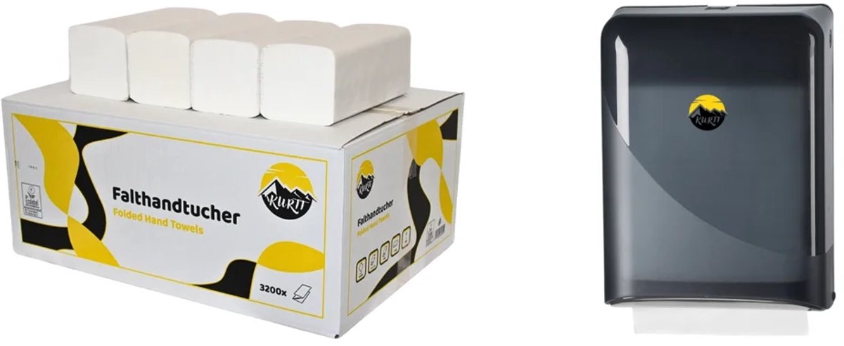 KURTT Papieren handdoekjes 2-laags 3200 vellen + Vouwhanddoek dispenser | Interfold, Z-Fold (tissue), 24 x 21 cm cellulose wit, Z vouw papieren handdoekjes 2 laags, handdoekjes papier