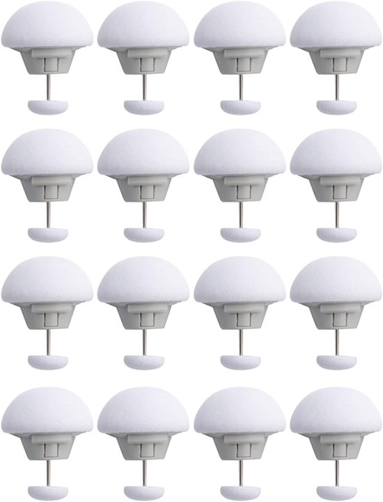 16 witte ronde paddenstoelvormige dekbedclips met metalen pin en knop.