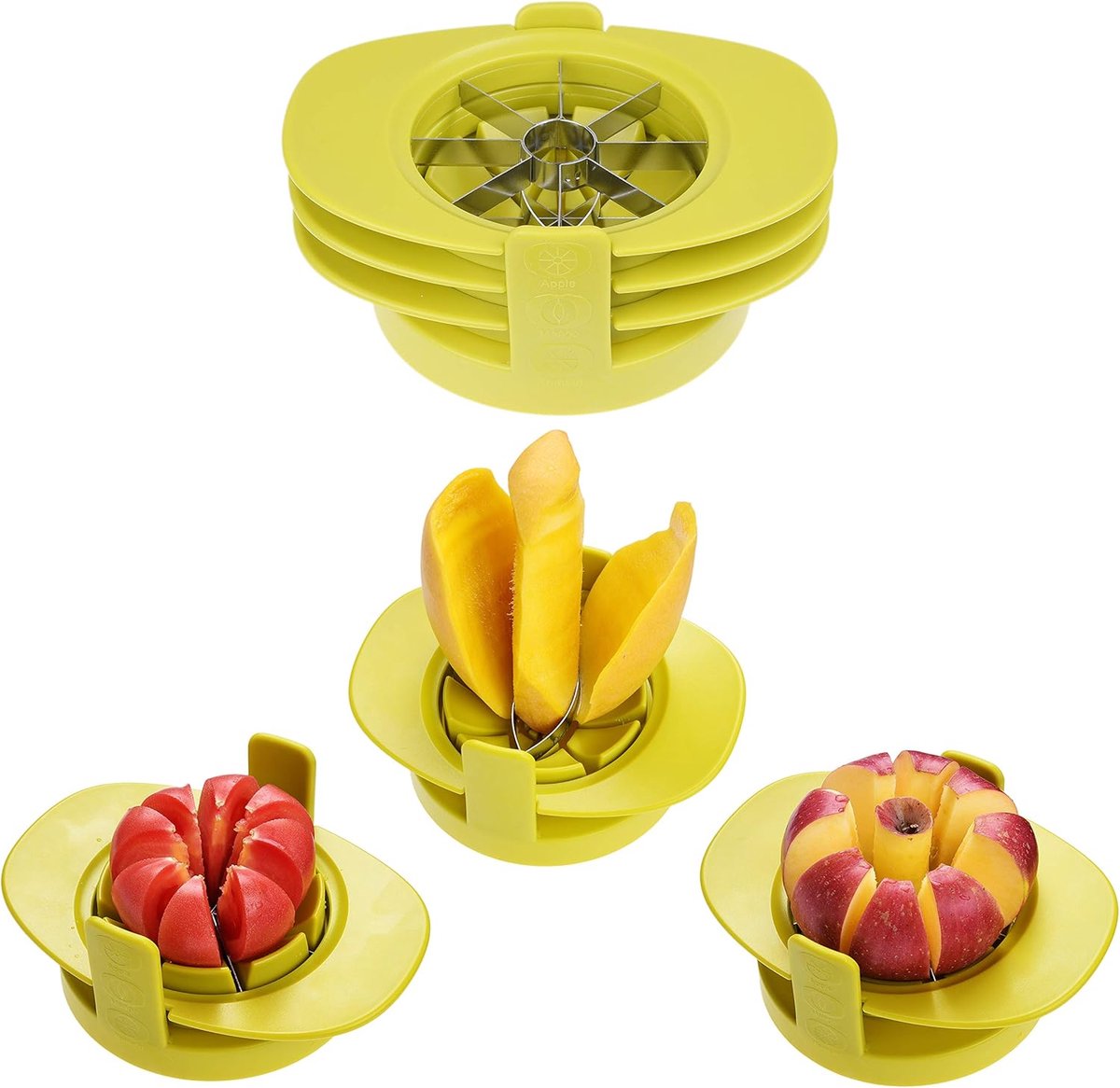Appel/tomaten/mango-snijder, 3-delige set, stabiele basis houdt groenten/fruit op hun plaats, bewaart bovendien de snijder georganiseerd, messcherpe roestvrijstalen snijbladen, snel, eenvoudig