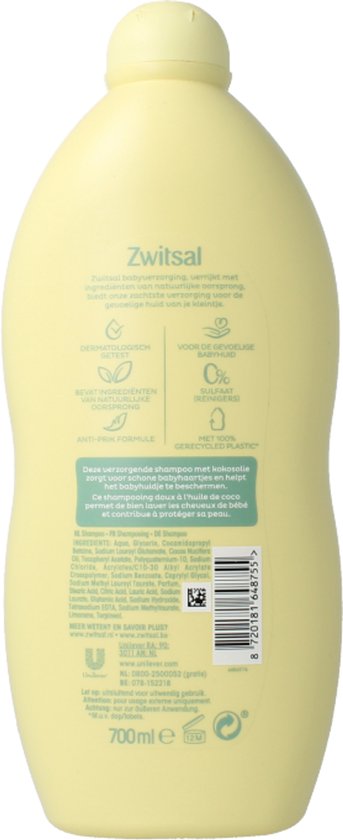 Achterkant van een gele fles Zwitsal shampoo met productinformatie, ingrediënten en 700ml.