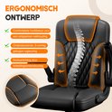 Zwarte ergonomische bureaustoel met gedetailleerde uitleg over het comfort: hoofdsteun, S-vormige rugleuning en drukverlichtende zitting.