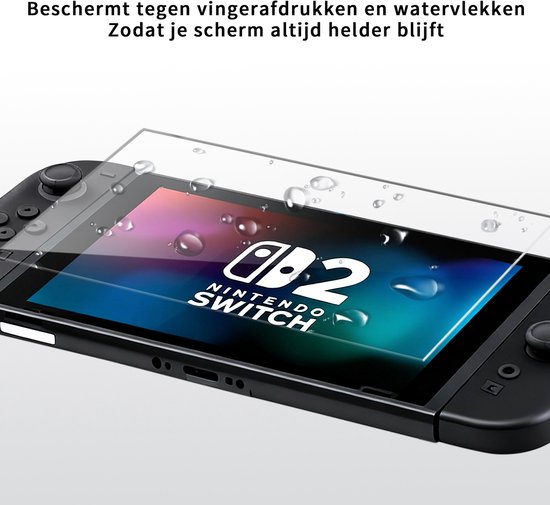 Screenprotector wordt geplaatst op een Nintendo Switch, met waterdruppels op de protector. "Beschermt tegen vingerafdrukken en watervlekken Zodat je scherm altijd helder blijft".