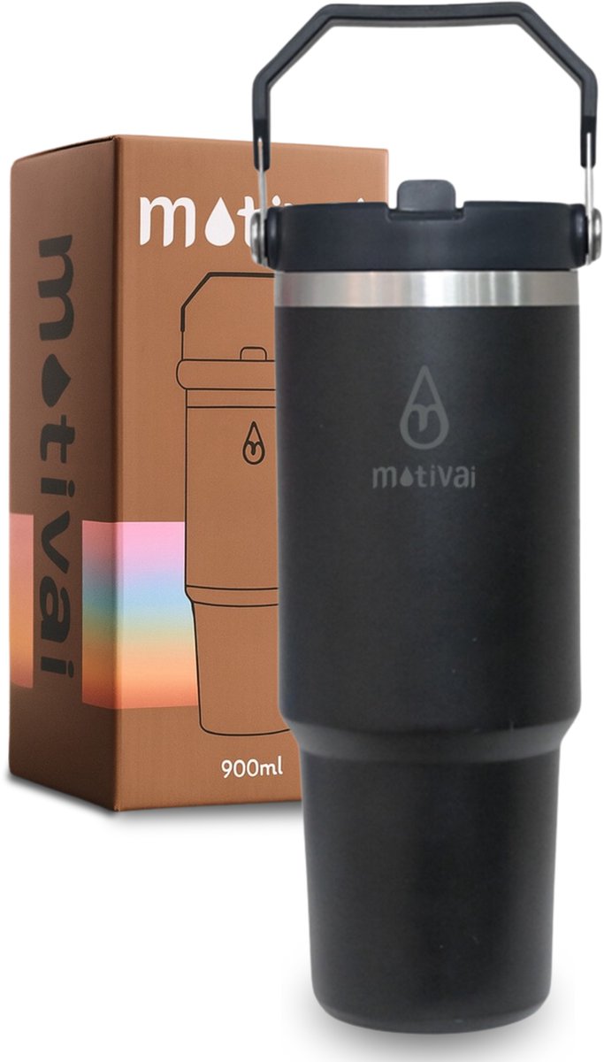 Motivai Flip Straw Tumbler - Zwart - 30oz - Travel Cup - RVS Thermosbeker met Handvat en Rietje - Drinkbeker To Go - 900 ML - Travel Mug - Thermosbeker - Thermosfles - Thermoskan - Geschikt voor warme en kouden dranken - Drinkfles - Waterflessen