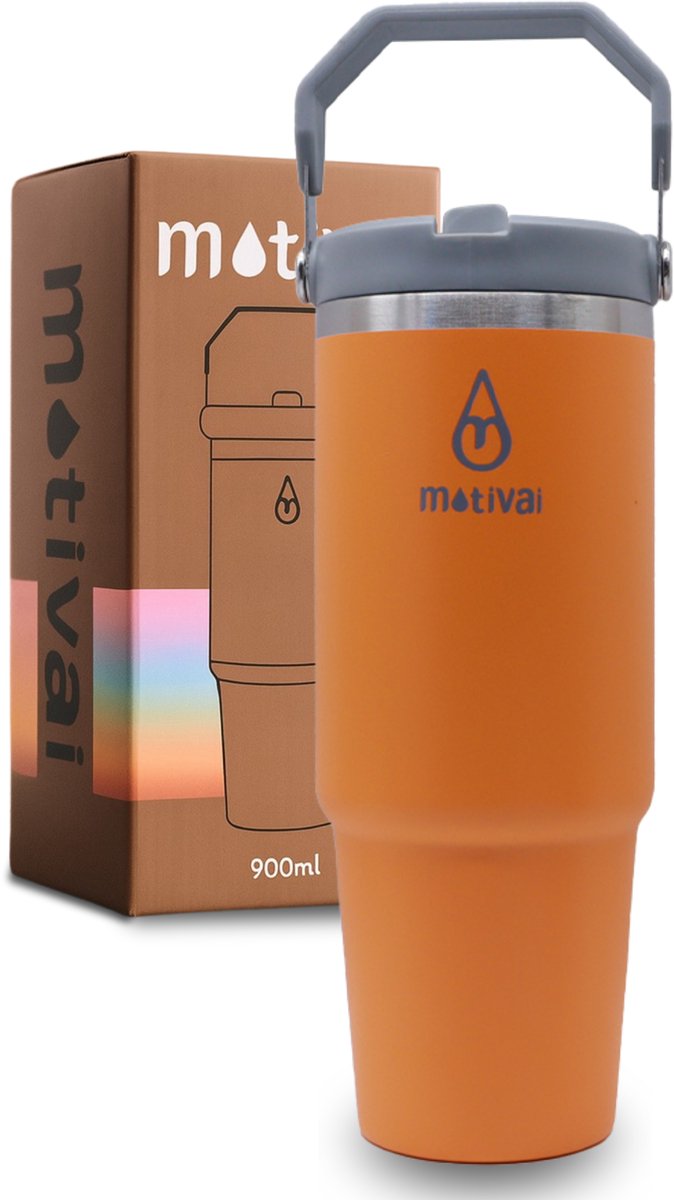 Motivai Flip Straw Tumbler - Oranje - 30oz - Travel Cup - RVS Thermosbeker met Handvat en Rietje - Drinkbeker To Go - 900 ML - Travel Mug - Thermosbeker - Thermosfles - Thermoskan - Geschikt voor warme en kouden dranken - Drinkfles - Waterflessen