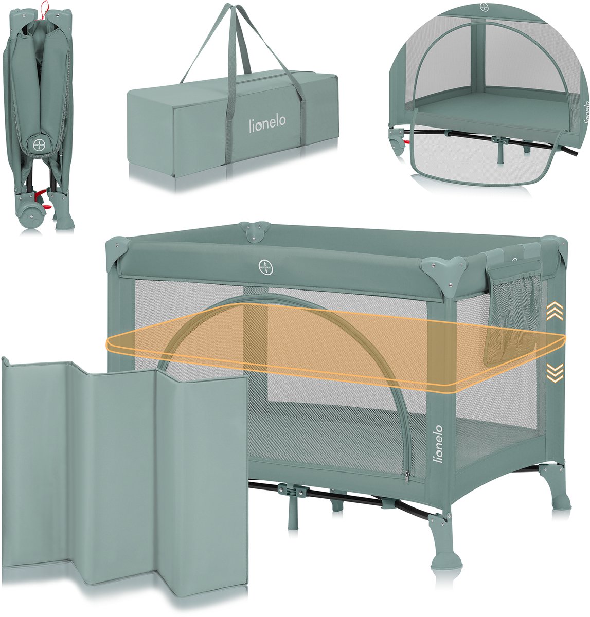 Lionelo Laura Campingbedje 2in1 – Reisbedje & Babybedje – 0-36 Maanden – 2 Matrasniveaus – Compact & Lichtgewicht – Schuimmatras – 2 Wielen met Rem – Mesh Zijpanelen – Zij-ingang – Opbergvak – Inclusief Draagtas
