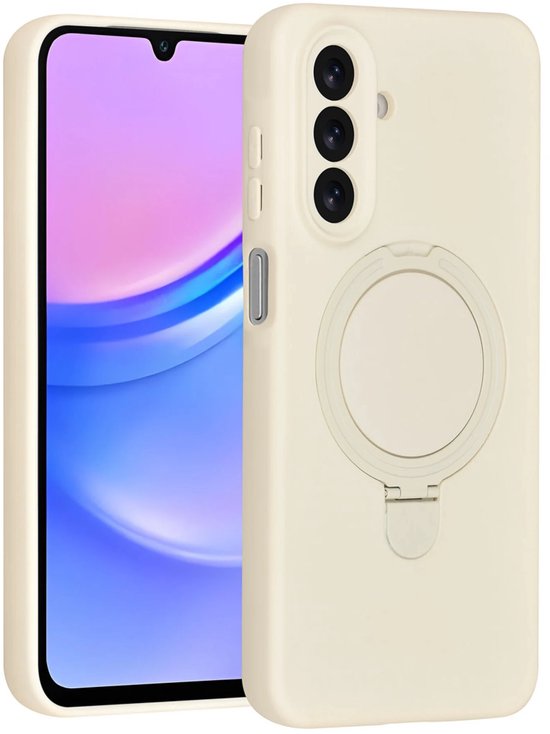 Coque de téléphone crème avec anneau rotatif au dos et découpe pour appareil photo à trois objectifs.