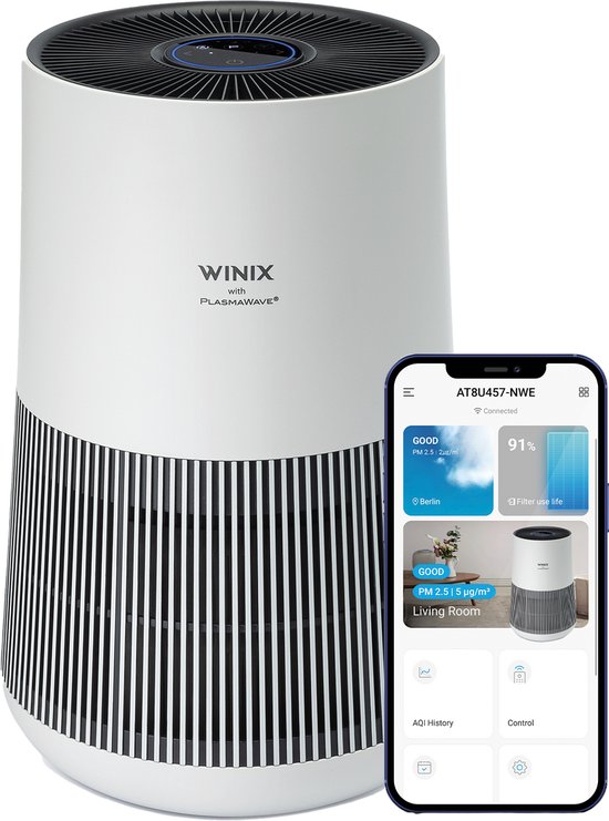 Winix T500 Wifi - Slimme Luchtreiniger met vervangbaar 3-in-1 Hepa filter + PlasmaWave Technologie - cadr 250m³ p/u en tot 50m² - Getest en Gecertificeerd op Hooikoorts, Allergie en Fijnstof - Winix Smart App, Google Assistant, Amazon Alexa