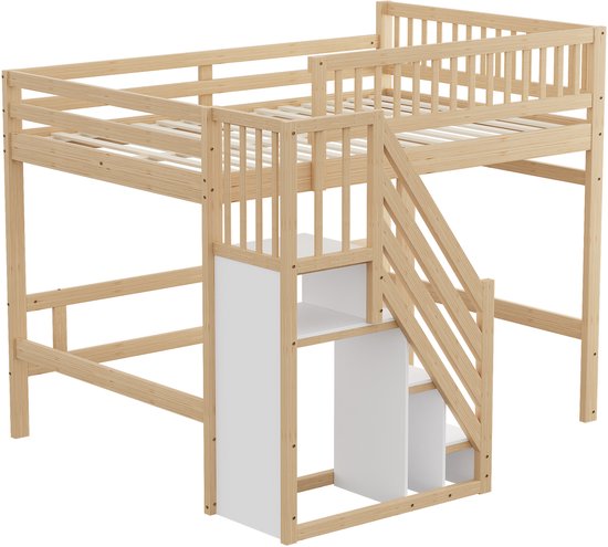 Lit superposé 140x200 cm - avec escalier avec placard de rangement - barrière haute - lit enfant - couleur bois - sans matelas