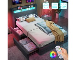 Linnen Gestoffeerd Bed 90x200 cm - Opbergbed - Jongerenbed - Jeugdbed - Eenpersoonsbed - Bedframe met 2 Lades - Led Verlichting - Met Stopcontacten - USB -Type C - Eenvoudige Montage - Grijs
