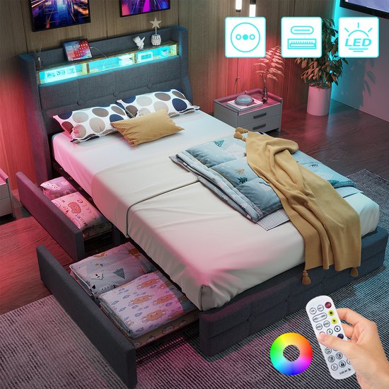 Lit rembourré en lin 90x200 cm - Lit coffre - Lit enfant - Lit simple - Cadre de lit avec 2 tiroirs - Siècle des Lumières LED - Prises électriques électriques - USB Type C - Montage facile - Grijs
