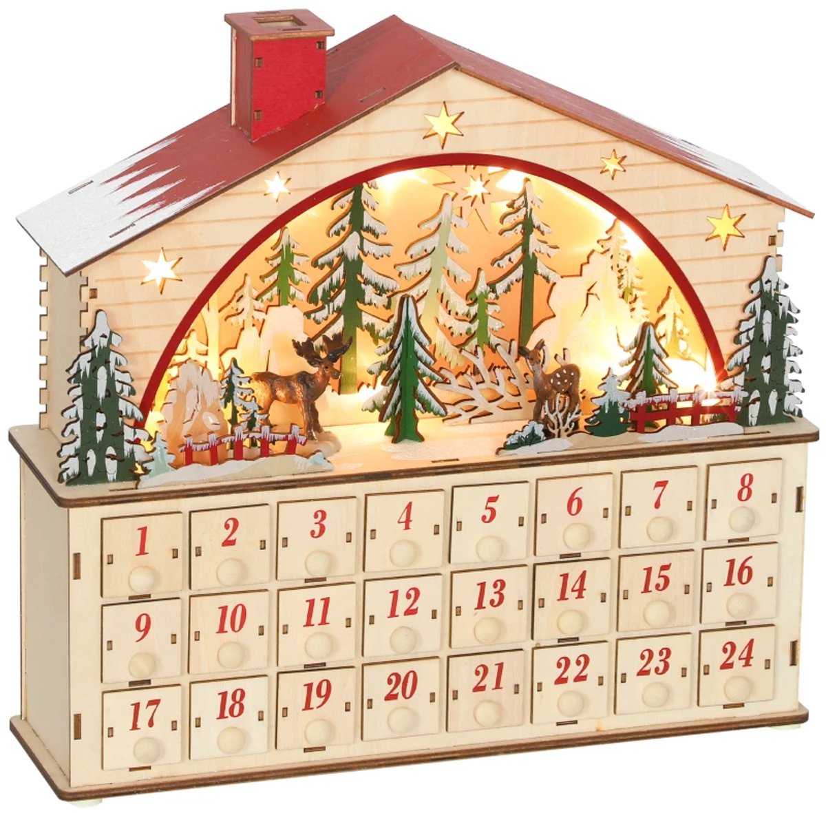 Adventskalender Kerstdorp - Adventskalenderbox - met 24 Lades te Vullen - Kerstdecoratie - met 15 LEDs - Herbruikbaar - Voor Jongens en Meisjes - Countdown Kalender - Het Perfecte Kerstcadeau - Natuurlijk Hout