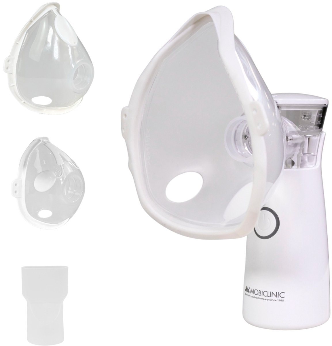 Mobiclinic Nebumobi1 - Aerosoltoestel - Vernevelaar - Draagbare met masker - Inhalator - Nebulizer - Zeer stil - Met mondstuk, mondkapje voor volwassenen en mondkapje voor kinderen - Wit