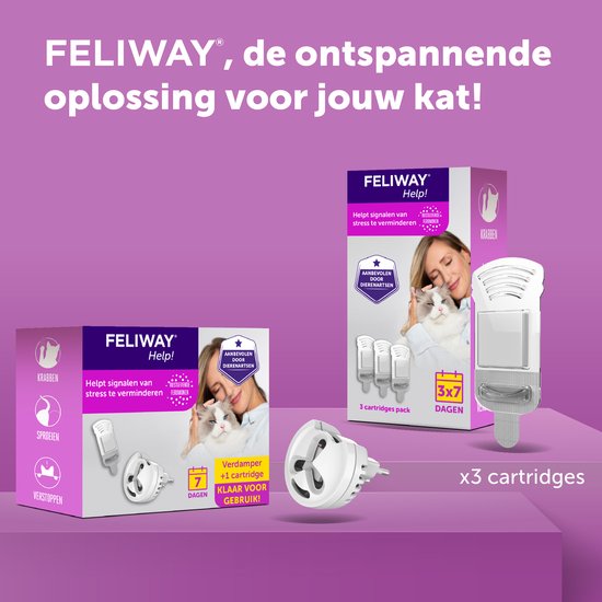 FELIWAY Help! productdisplays. Een verpakking met diffuser en 1 cartridge, en een 3-cartridges pack. "De ontspannende oplossing".