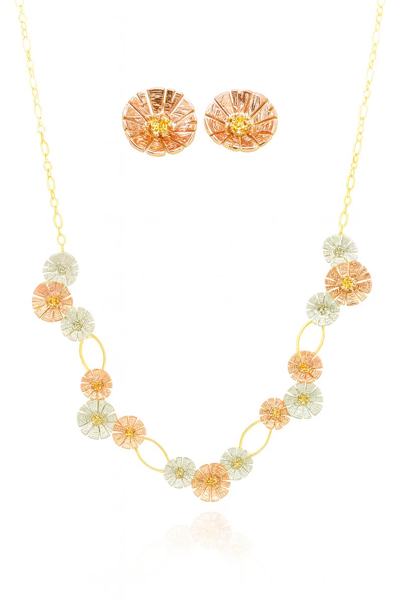 Rode Blauw Gouden Bloemschijf Sieradenset – Elegante Ketting en Oorbellen voor Vrouwen