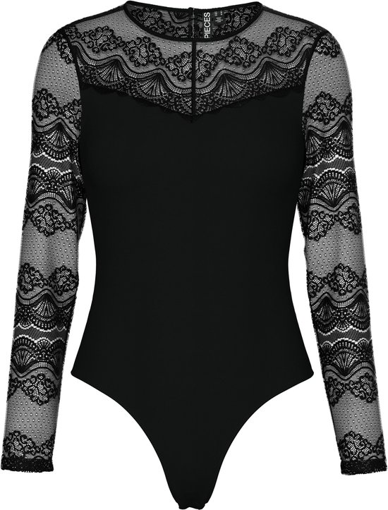 Pieces Kanten body dames - Lace top Sinna - Zwarte bodysuit lange mouwen met hoge hals - lingerie body - Zwart / S