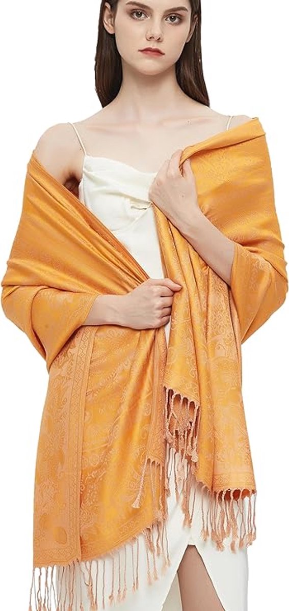 Pashmina sjaal wrap met etnische paisley Two Tone Jacquard sjaal voor dames - lengte 180 cm met franjes (10 cm franjes aan elke kant), breedte: 60 cm - oranje