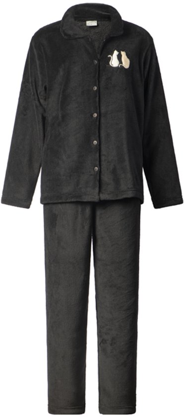 Lunatex - warm dames huispak 124267 met doorknoop - zacht loungepak - coral fleece - zwart - maat M