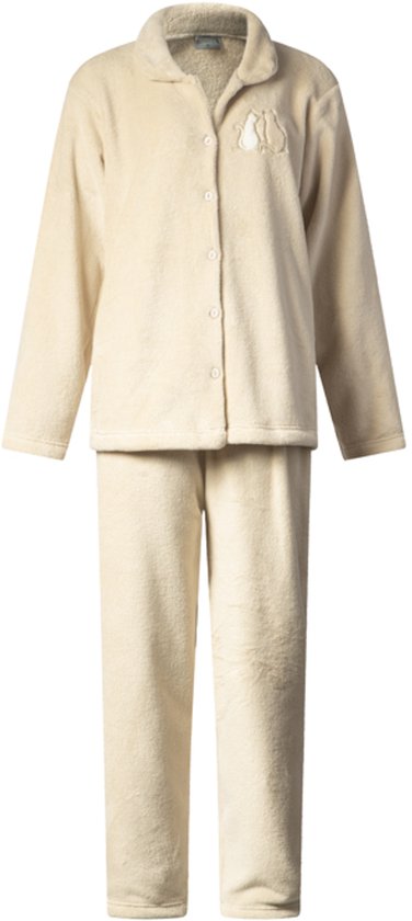 Lunatex - warm dames huispak 124267 met doorknoop - zacht loungepak - coral fleece - beige - maat M