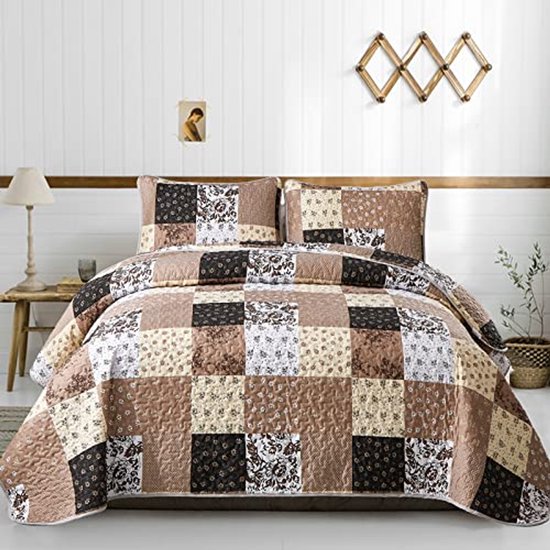 Patchwork Quilt Set Koningin - Omkeerbare Bruine Bloemen Sprei voor Alle Seizoen