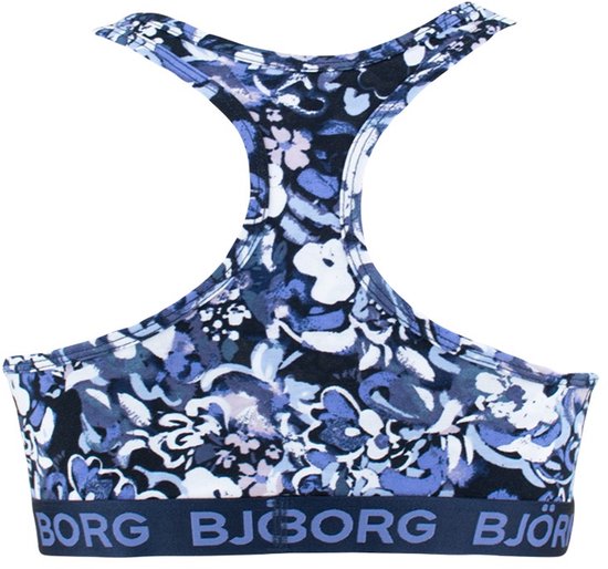 Achterkant van de sportbeha met blauw-paarse bloemenprint en Björn Borg logo op de band.