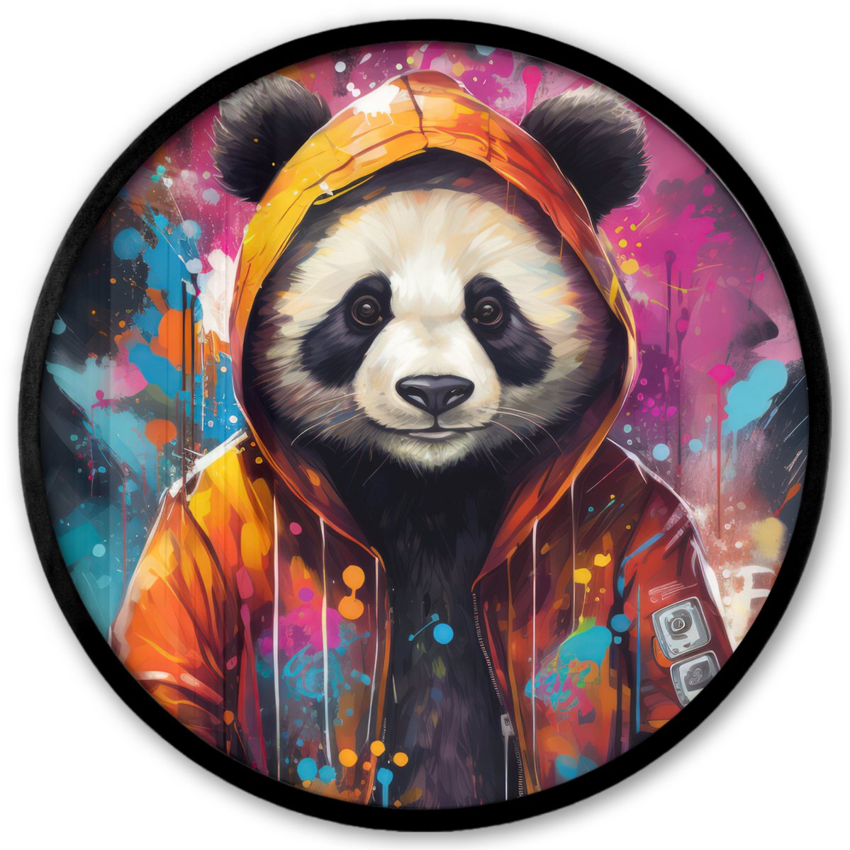 FrameYourWall Poster in lijst Rond - Fotolijst 40x40 cm - Posters - Panda - Jas - Graffiti - Oranje - Ronde posterlijst zwart - Decoratie - Wanddecoratie woonkamer - Muurdecoratie slaapkamer Graffiti - Panda