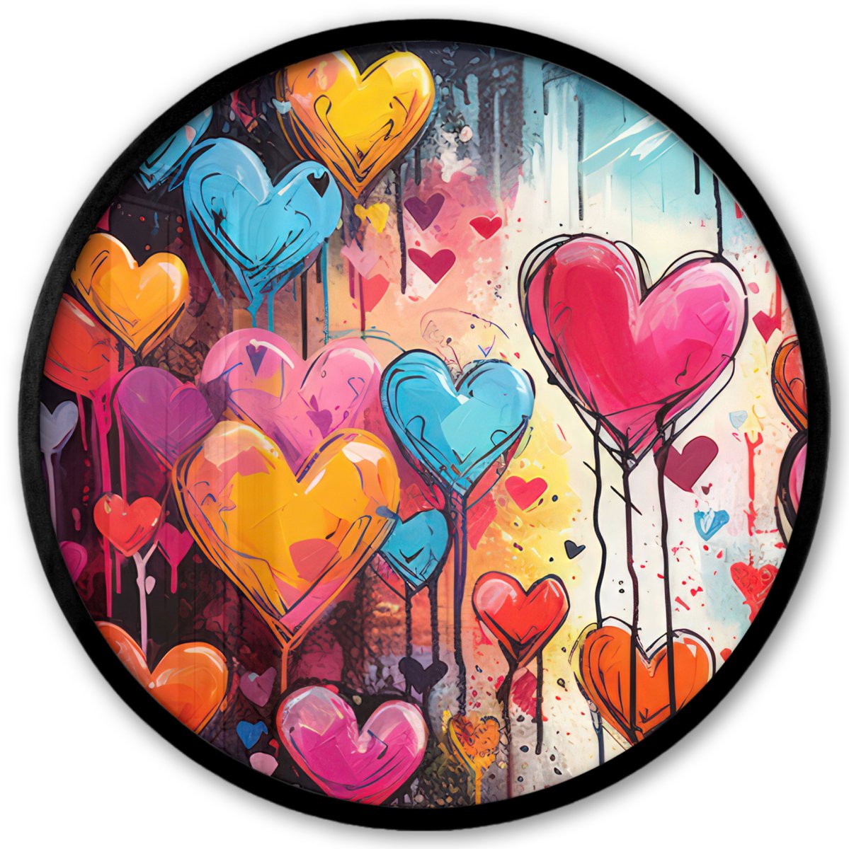 FrameYourWall Poster in lijst Rond - Fotolijst 40x40 cm - Posters - Hartjes - Kleuren - Kunst - Liefde - Ronde posterlijst zwart - Decoratie - Wanddecoratie woonkamer - Muurdecoratie slaapkamer Hartjes - Kleurrijk