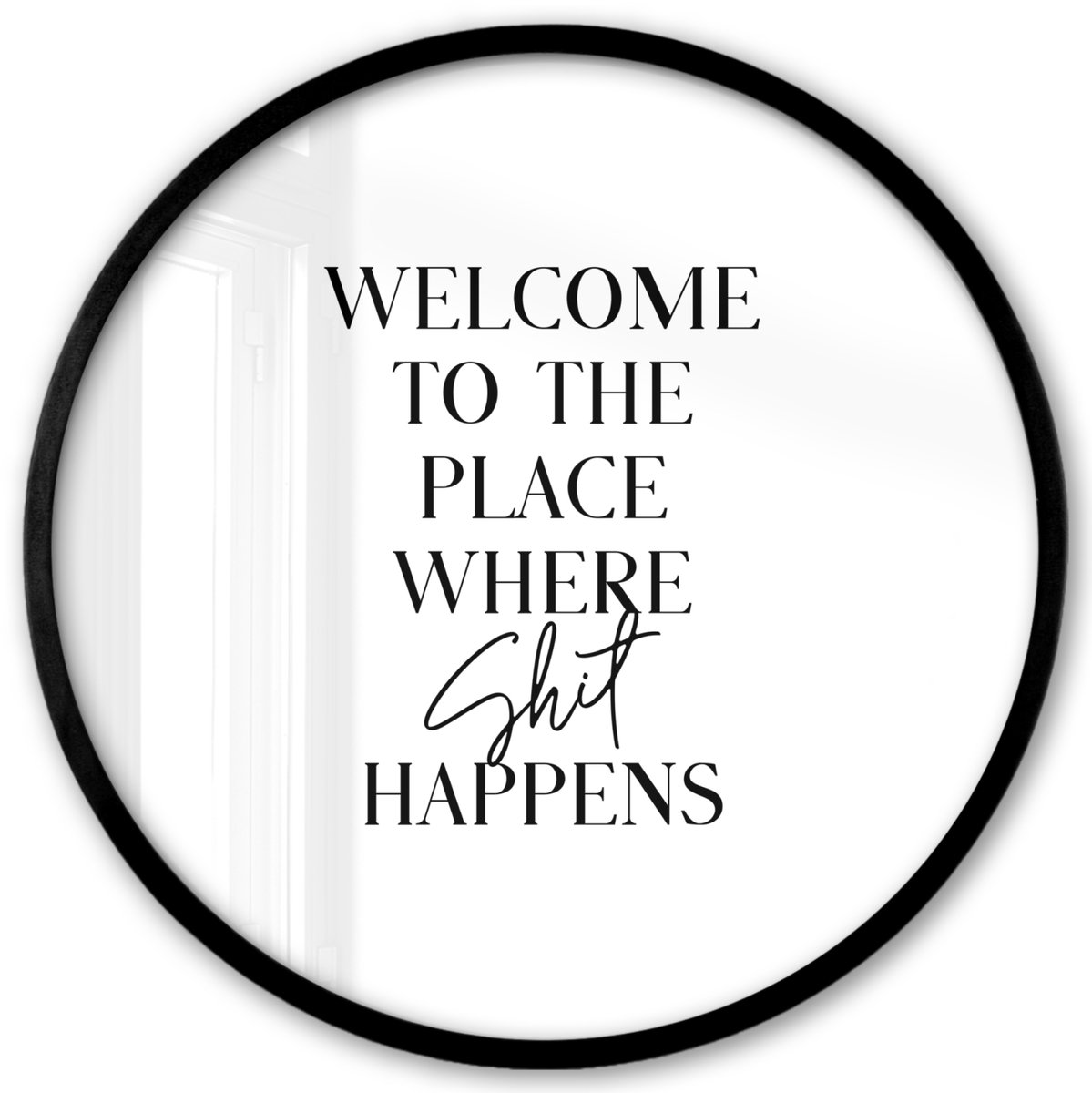 FrameYourWall Poster in lijst Rond - Fotolijst 40x40 cm - Posters - Quotes - Welcome to the place where shit happens - Wit - Humor - Ronde posterlijst zwart - Decoratie - Wanddecoratie woonkamer - Muurdecoratie slaapkamer