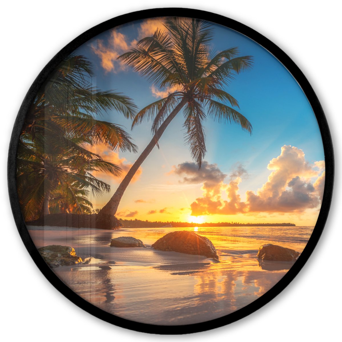 FrameYourWall Poster in lijst Rond - Fotolijst 40x40 cm - Posters - Strand - Zee - Palmboom - Zonsondergang - Ronde posterlijst zwart - Decoratie - Wanddecoratie woonkamer - Muurdecoratie slaapkamer Zonsondergang strand