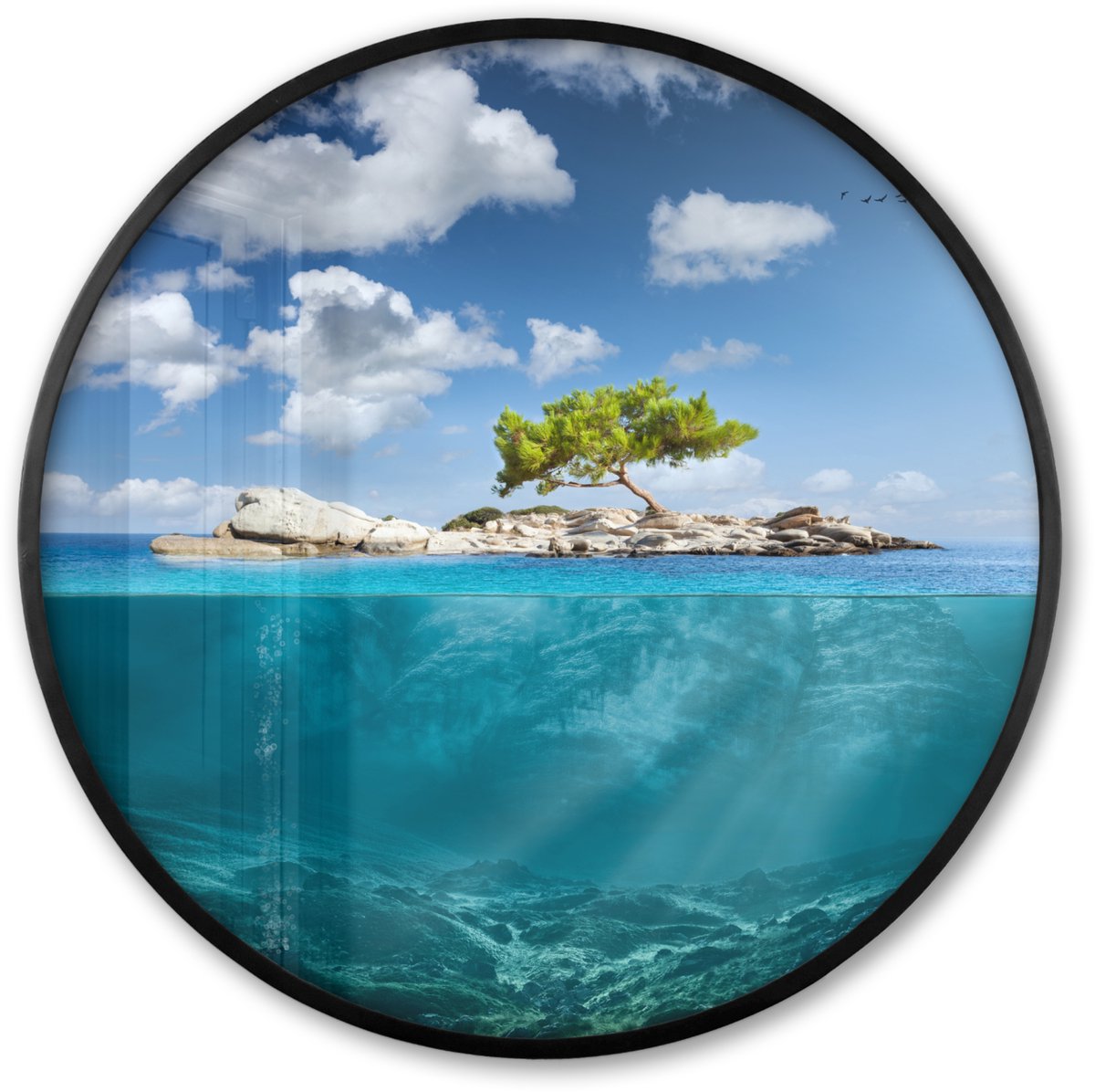 FrameYourWall Poster in lijst Rond - Fotolijst 60x60 cm - Posters - Oceaan - Boom - Eiland - Ronde posterlijst zwart - Decoratie - Wanddecoratie woonkamer - Muurdecoratie slaapkamer Multicolor