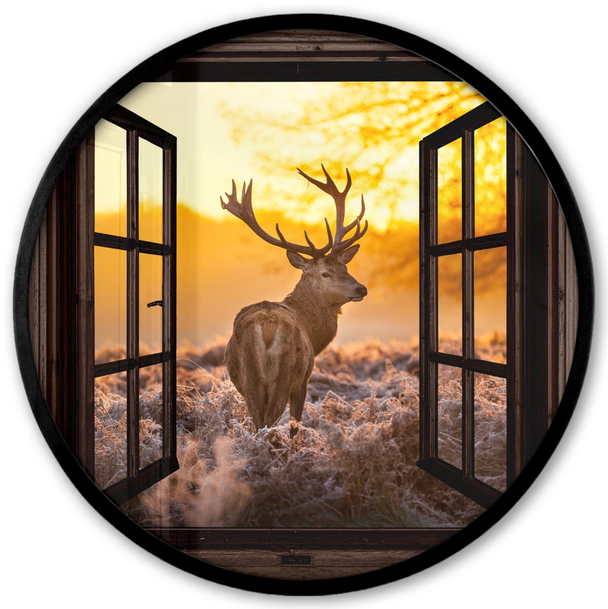 FrameYourWall Poster in lijst Rond - Fotolijst 40x40 cm - Posters - Hert - Herfst - Dieren - Natuur - Bos - Doorkijk - Ronde posterlijst zwart - Decoratie - Wanddecoratie woonkamer - Muurdecoratie slaapkamer Bruin