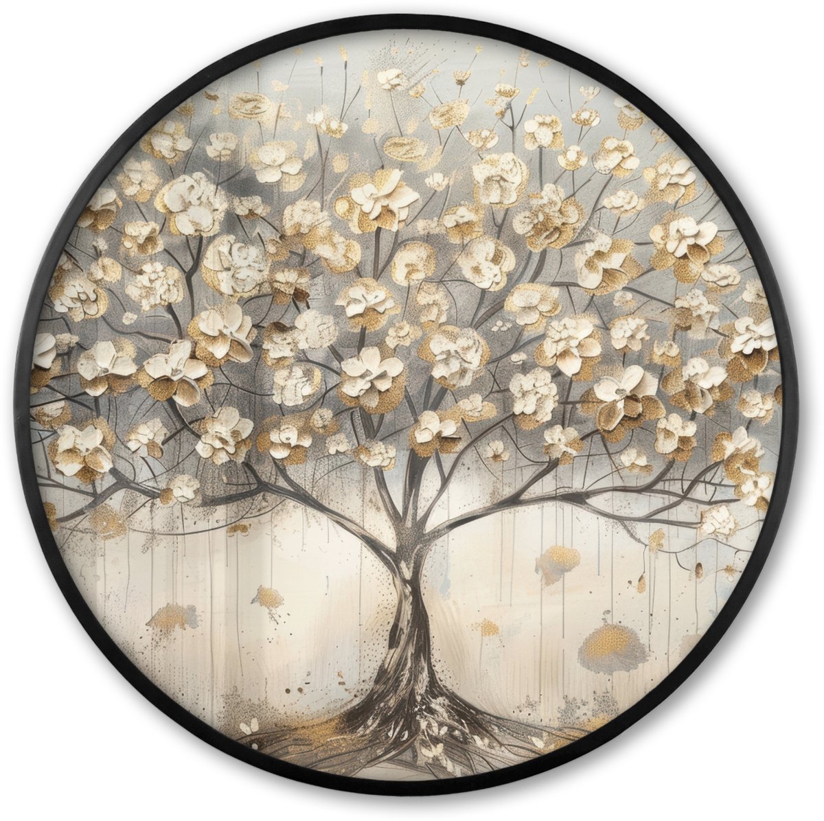 FrameYourWall Poster in lijst Rond - Fotolijst 60x60 cm - Posters - Boom - Beige - Goud - Verflook - Grijs - Ronde posterlijst zwart - Decoratie - Wanddecoratie woonkamer - Muurdecoratie slaapkamer Levensboom