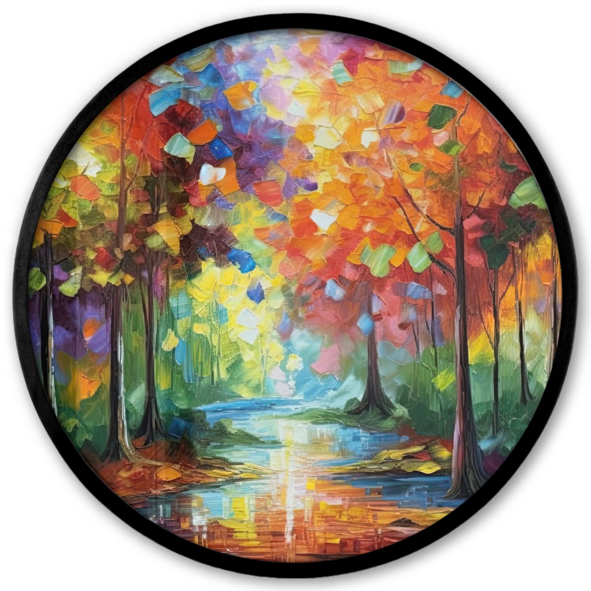 FrameYourWall Poster in lijst Rond - Fotolijst 40x40 cm - Posters - Landschap - Bos - Kleuren - Natuur - Ronde posterlijst zwart - Decoratie - Wanddecoratie woonkamer - Muurdecoratie slaapkamer Bomen - Olieverf