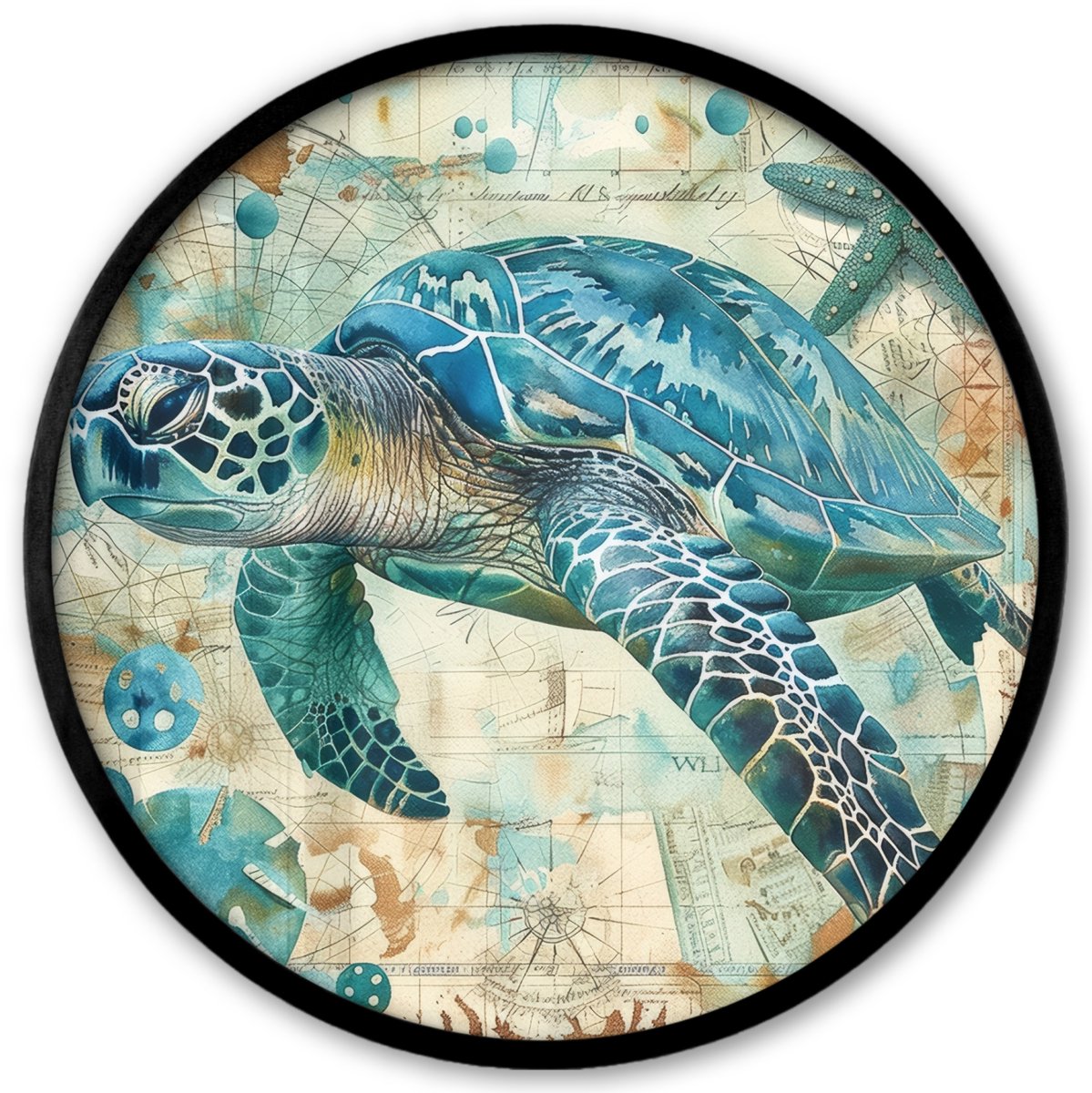 FrameYourWall Poster in lijst Rond - Fotolijst 40x40 cm - Posters - Vintage - Schildpad - Zeedieren - Watercolor - Ronde posterlijst zwart - Decoratie - Wanddecoratie woonkamer - Muurdecoratie slaapkamer