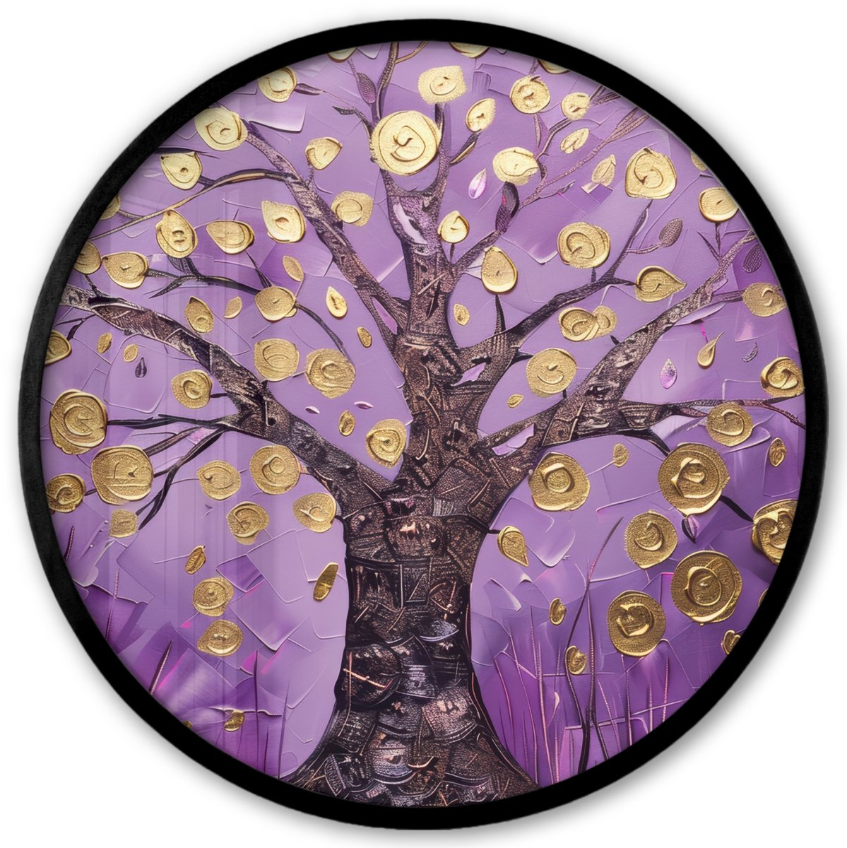 FrameYourWall Poster in lijst Rond - Fotolijst 40x40 cm - Posters - Levensboom - Boom - Paars - Goud - Modern - Ronde posterlijst zwart - Decoratie - Wanddecoratie woonkamer - Muurdecoratie slaapkamer