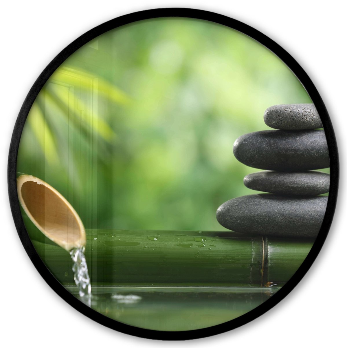 FrameYourWall Poster in lijst Rond - Fotolijst 40x40 cm - Posters - Zen - Stenen - Groen - Natuur - Bamboe - Ronde posterlijst zwart - Decoratie - Wanddecoratie woonkamer - Muurdecoratie slaapkamer