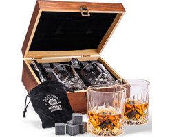 WOMA Luxe Whiskey Set Incl. 2 Whisky Glazen, 8 Basalt Whiskey Stenen, Fluwelen Opbergzakje, Luxe Houten Opbergbox & Ijs Tang - 300 ml Whiskey Glazen - Geschenkset Mannen - Mannen Cadeau