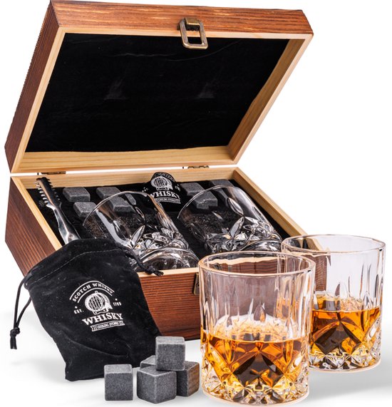 WOMA Luxe Whiskey Set Incl. 2 Whisky Glazen, 8 Basalt Whiskey Stenen, Fluwelen Opbergzakje, Luxe Houten Opbergbox & Ijs Tang - 300 ml Whiskey Glazen - Geschenkset Mannen - Mannen Cadeau