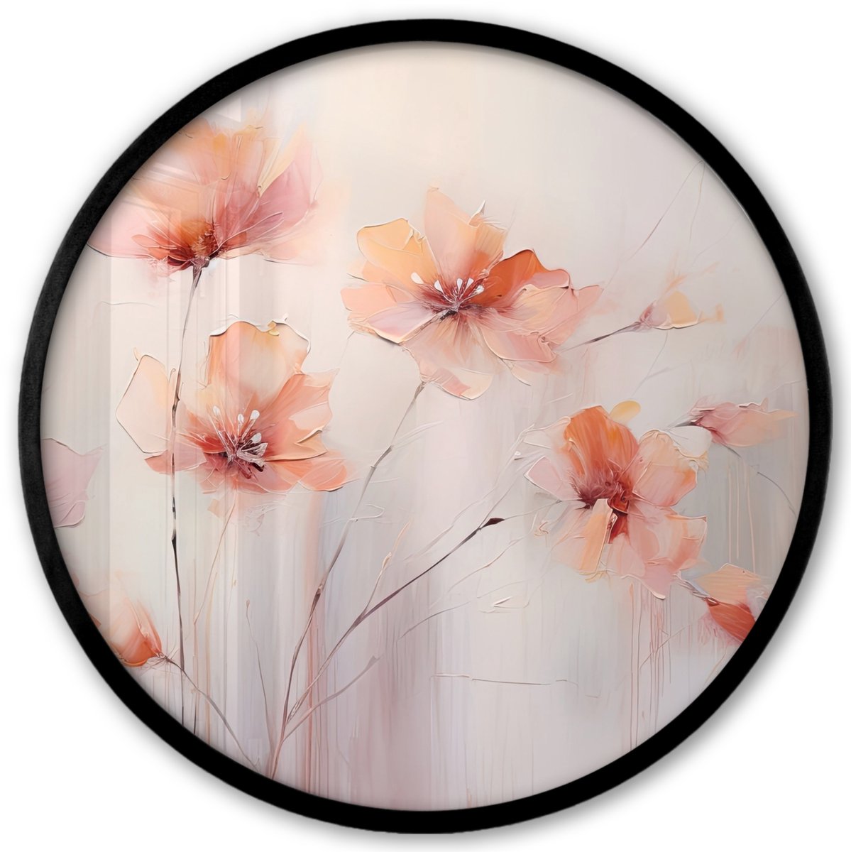 FrameYourWall Poster in lijst Rond - Fotolijst 40x40 cm - Posters - Klaproos - Bloemen - Kunst - Abstract - Watercolor - Ronde posterlijst zwart - Decoratie - Wanddecoratie woonkamer - Muurdecoratie slaapkamer Roze Klaprozen - Pastel