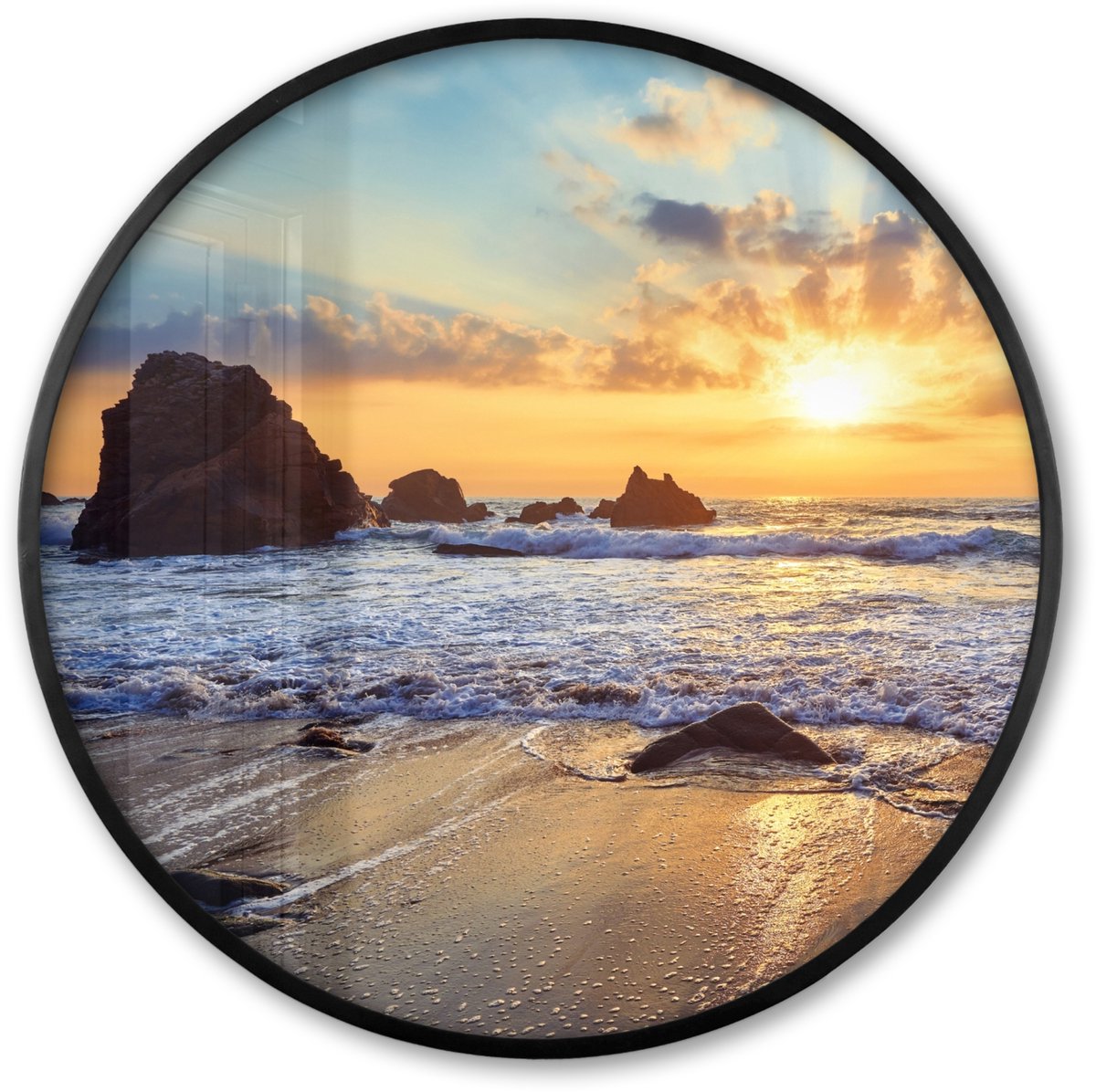 FrameYourWall Poster in lijst Rond - Fotolijst 60x60 cm - Posters - Strand - Zonsondergang - Natuur - Zee - Landschap - Ronde posterlijst zwart - Decoratie - Wanddecoratie woonkamer - Muurdecoratie slaapkamer