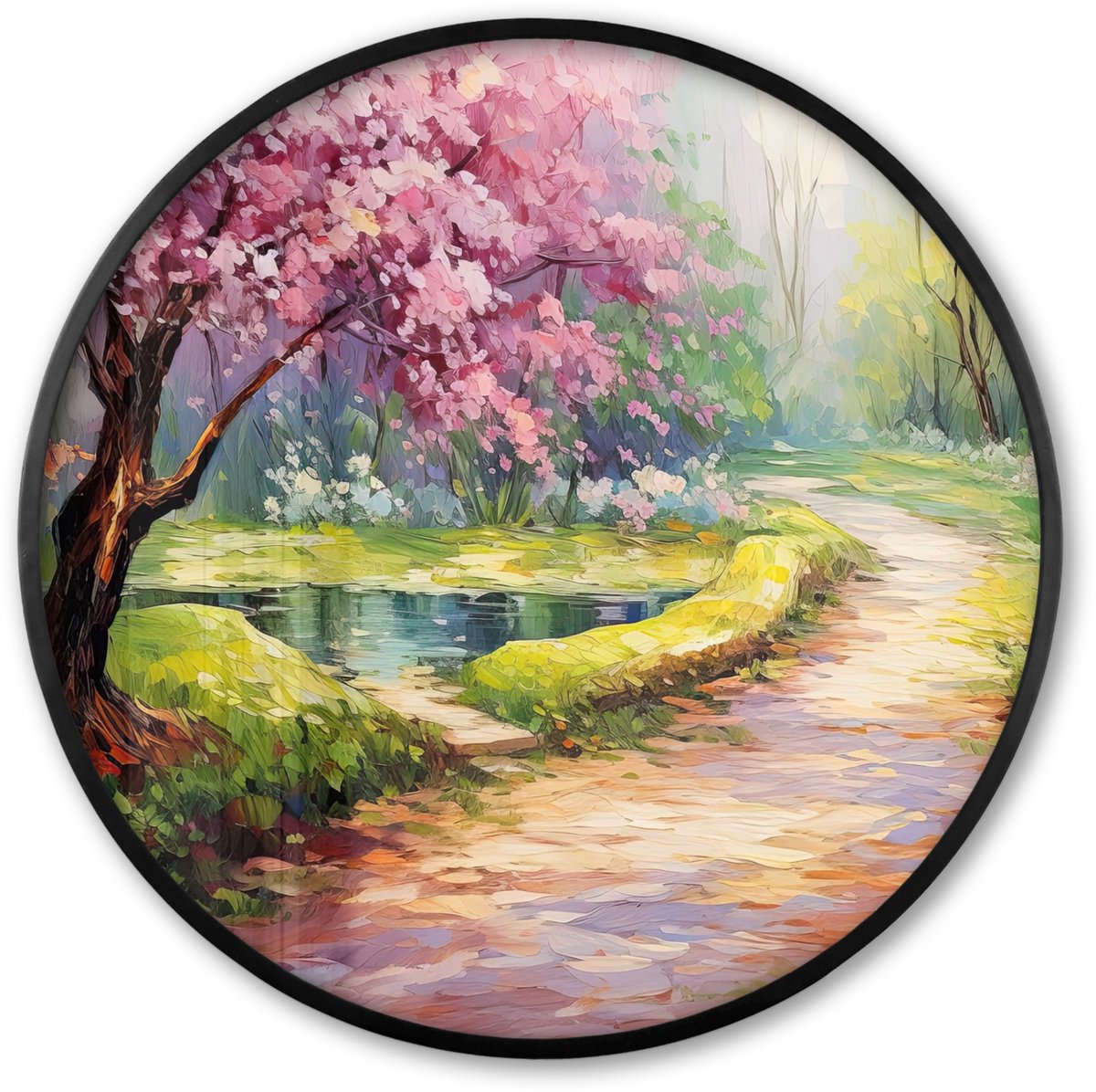FrameYourWall Poster in lijst Rond - Fotolijst 60x60 cm - Posters - Watercolor - Natuur - Bomen - Kunst - Bloemen - Ronde posterlijst zwart - Decoratie - Wanddecoratie woonkamer - Muurdecoratie slaapkamer Bos - Aquarel