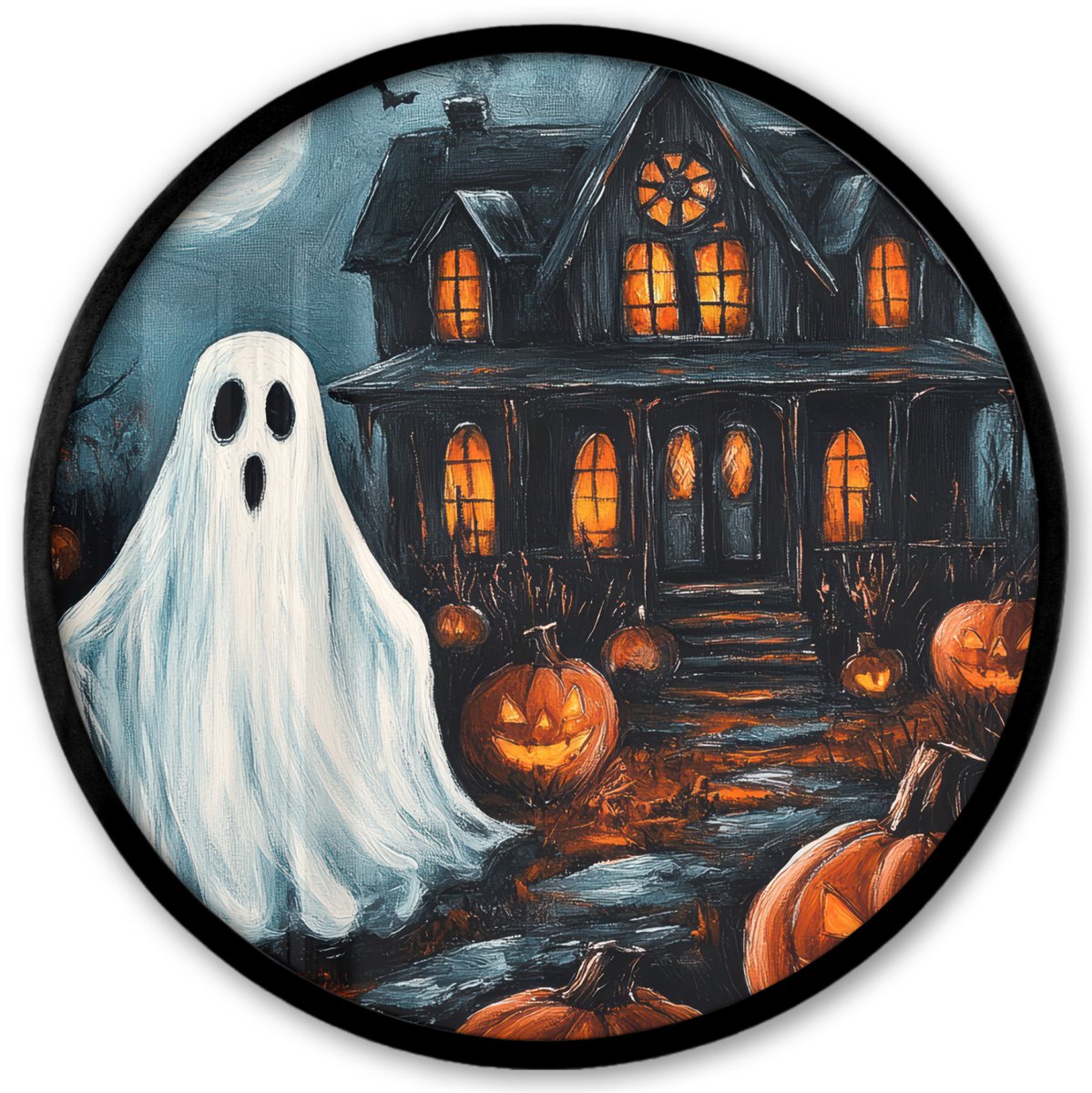 FrameYourWall Poster in lijst Rond - Fotolijst 40x40 cm - Posters - Halloween - Spookhuis - Pompoen - Spook - Ronde posterlijst zwart - Decoratie - Wanddecoratie woonkamer - Muurdecoratie slaapkamer