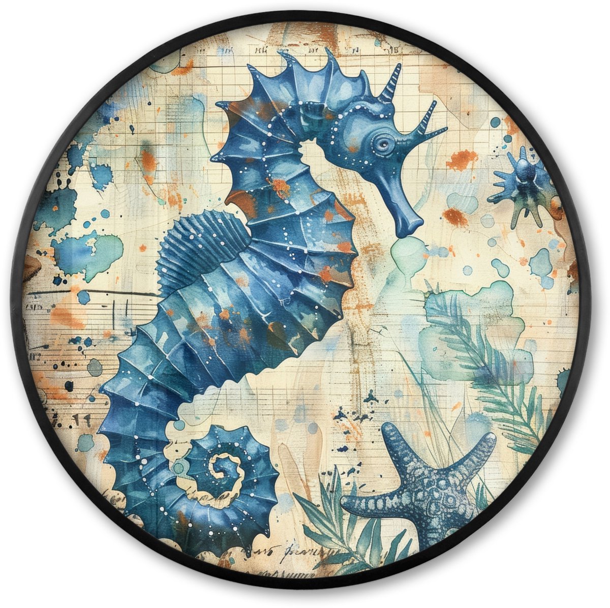 FrameYourWall Poster in lijst Rond - Fotolijst 60x60 cm - Posters - Vintage - Zeedieren - Zeepaardje - Watercolor - Blauw - Ronde posterlijst zwart - Decoratie - Wanddecoratie woonkamer - Muurdecoratie slaapkamer Zeepaardje - Zee