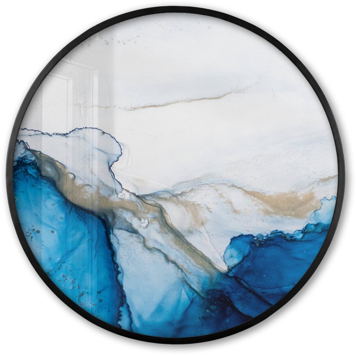 FrameYourWall Poster in lijst Rond - Fotolijst 60x60 cm - Posters - Watercolor - Blauw - Abstract - Kunst - Modern - Ronde posterlijst zwart - Decoratie - Wanddecoratie woonkamer - Muurdecoratie slaapkamer