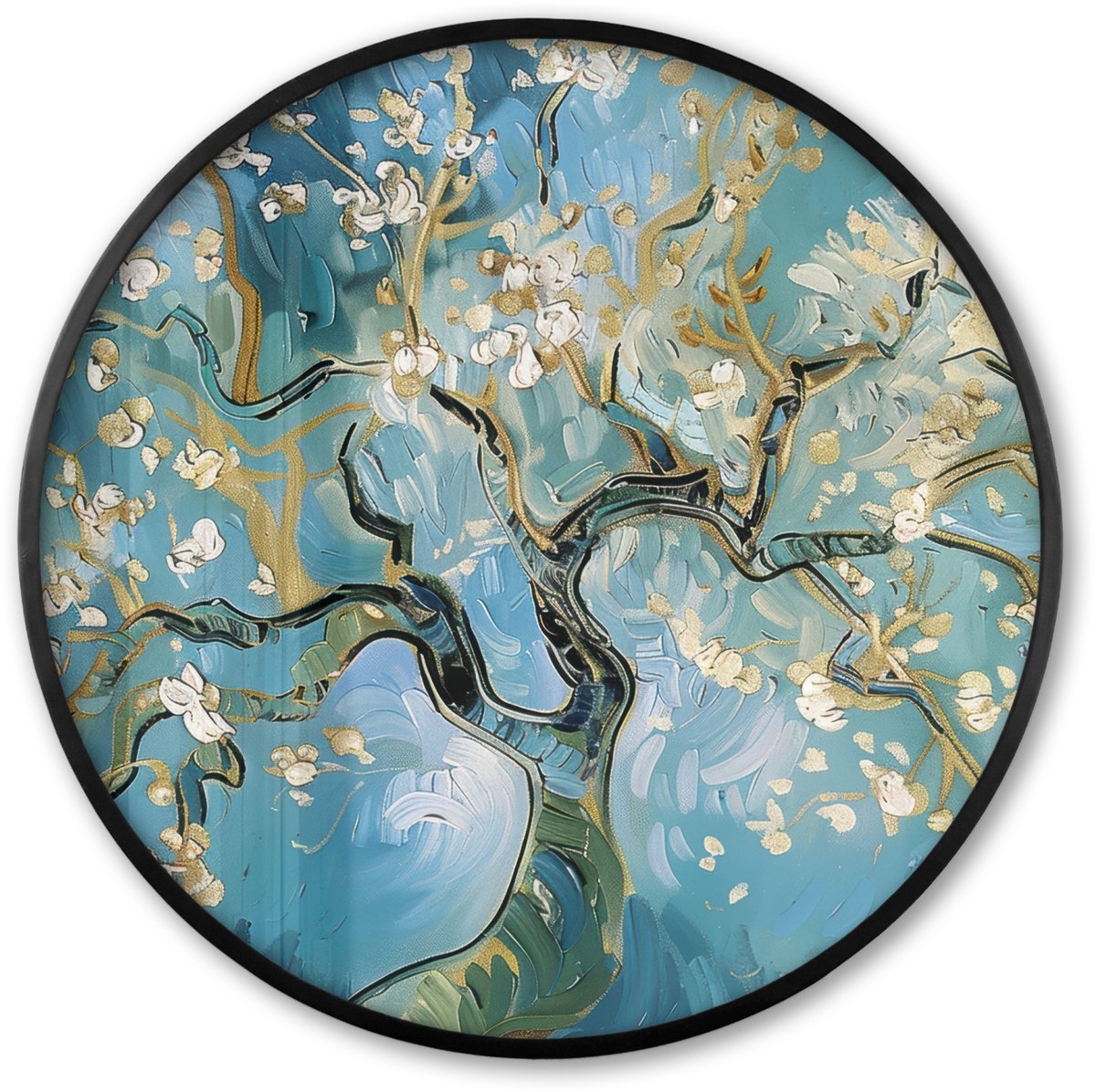 FrameYourWall Poster in lijst Rond - Fotolijst 60x60 cm - Posters - Amandelbloesem boom - Blauw - Abstract - Ronde posterlijst zwart - Decoratie - Wanddecoratie woonkamer - Muurdecoratie slaapkamer
