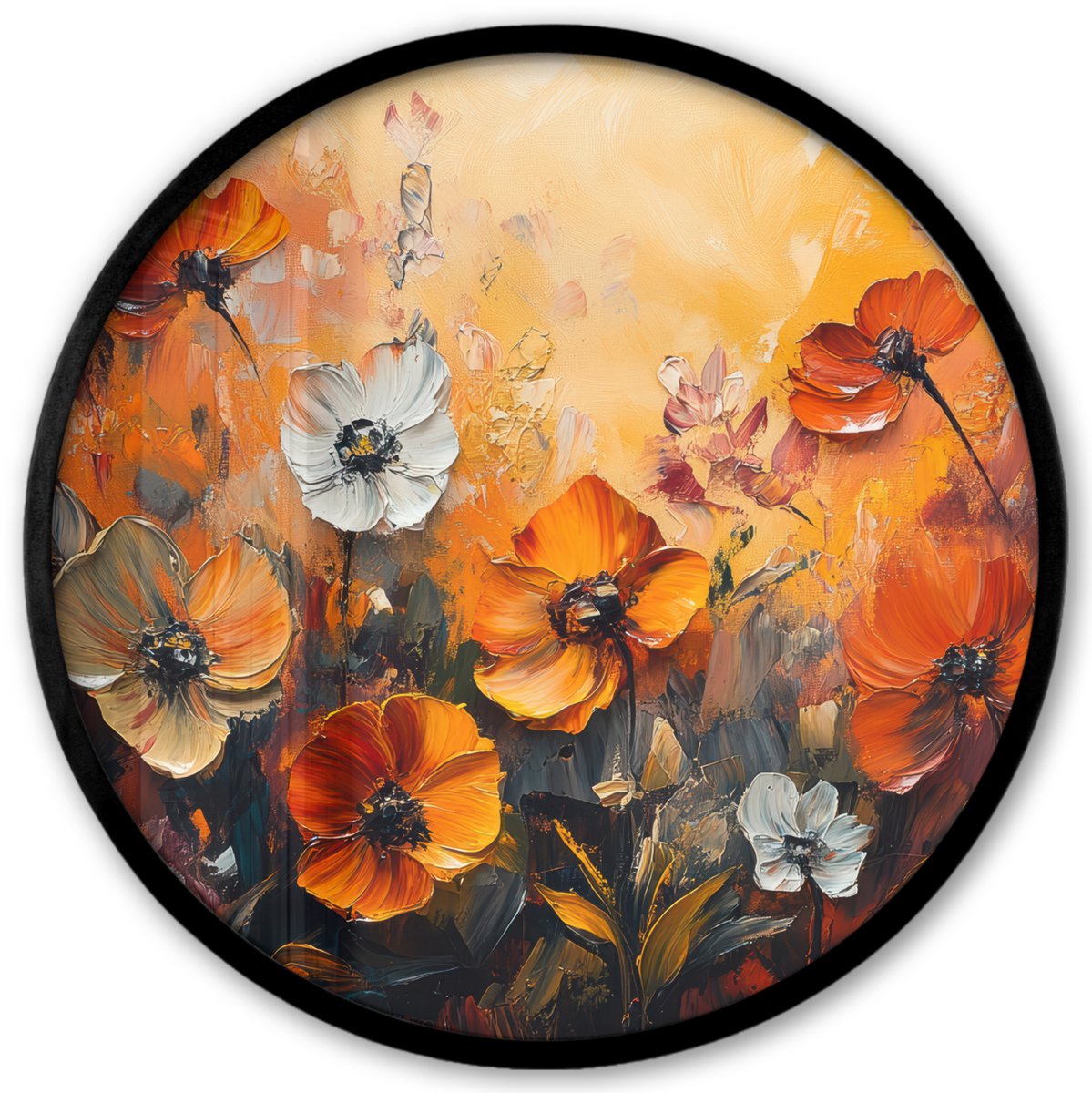 FrameYourWall Poster in lijst Rond - Fotolijst 40x40 cm - Posters - Bloemen - Abstract - Herfst kleuren - Modern - Natuur - Ronde posterlijst zwart - Decoratie - Wanddecoratie woonkamer - Muurdecoratie slaapkamer Oranje