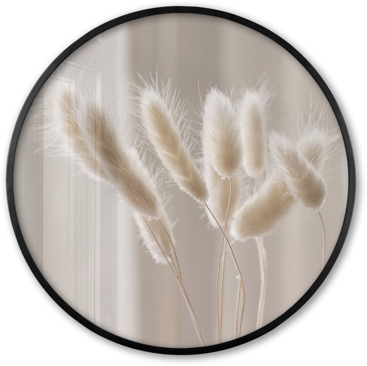 FrameYourWall Poster in lijst Rond - Fotolijst 80x80 cm - Posters - Pampasgras - Pluim - Wit - Ronde posterlijst zwart - Decoratie - Wanddecoratie woonkamer - Muurdecoratie slaapkamer Pluimen