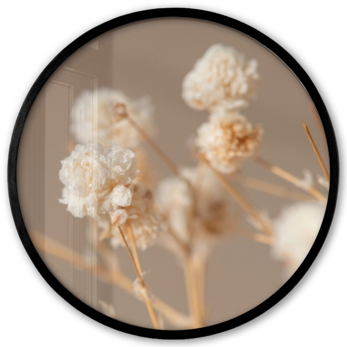 FrameYourWall Poster in lijst Rond - Fotolijst 40x40 cm - Posters - Bloemen - Wit - Natuur - Pastel - Ronde posterlijst zwart - Decoratie - Wanddecoratie woonkamer - Muurdecoratie slaapkamer Beige