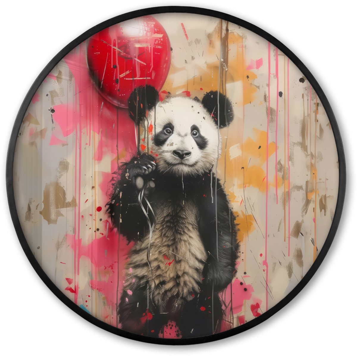 FrameYourWall Poster in lijst Rond - Fotolijst 80x80 cm - Posters - Graffiti - Panda - Ballon - Street art - Dier - Ronde posterlijst zwart - Decoratie - Wanddecoratie woonkamer - Muurdecoratie slaapkamer
