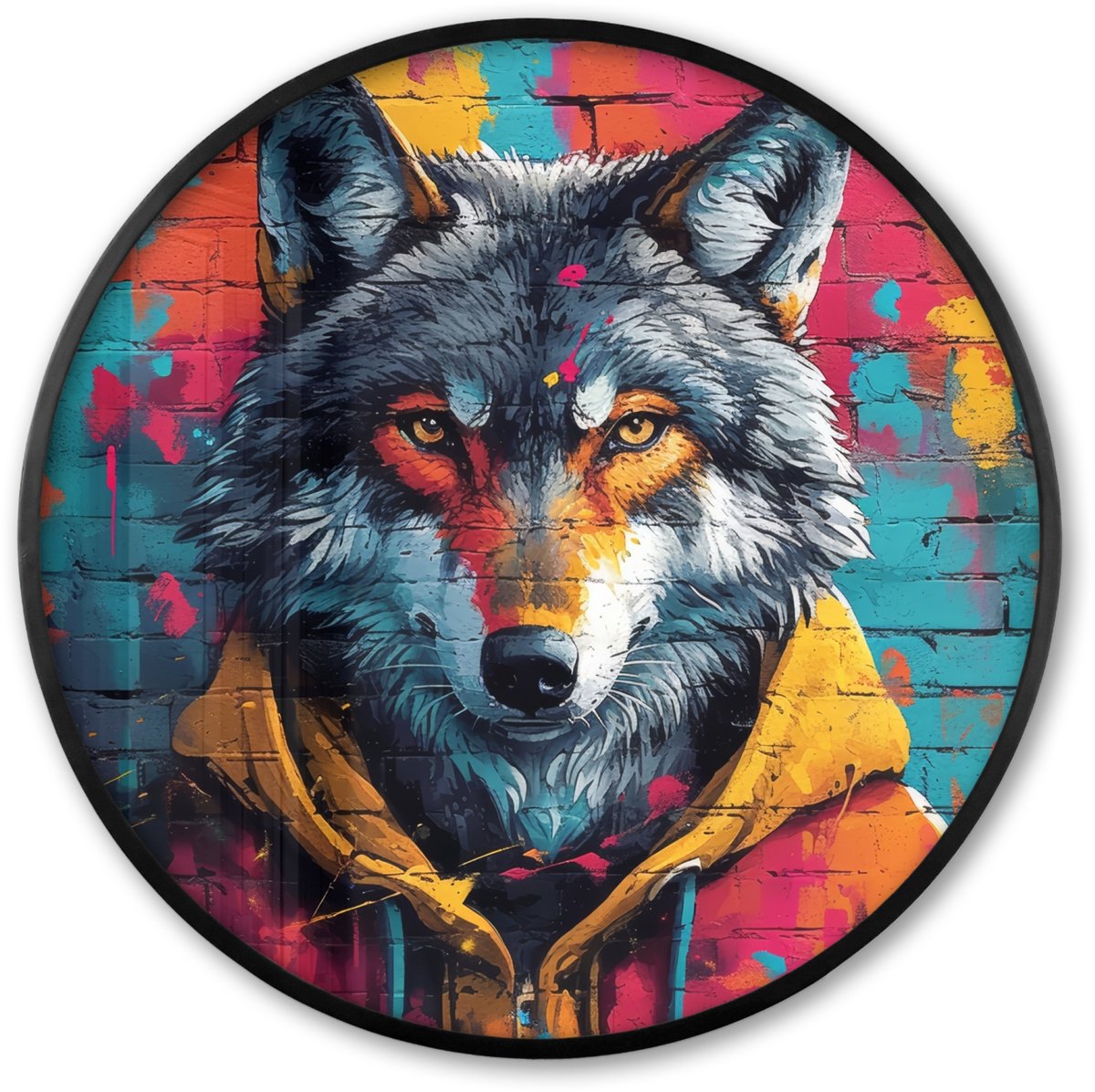 FrameYourWall Poster in lijst Rond - Fotolijst 60x60 cm - Posters - Graffiti - Wolf - Street art - Blauw - Ronde posterlijst zwart - Decoratie - Wanddecoratie woonkamer - Muurdecoratie slaapkamer